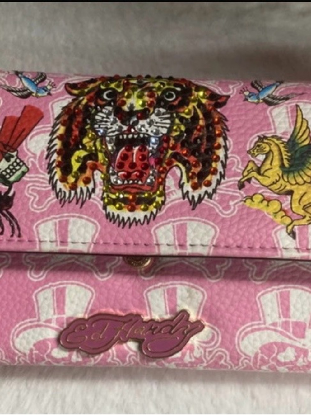 Ed Hardy Pink Tiger Print Studded Wallet